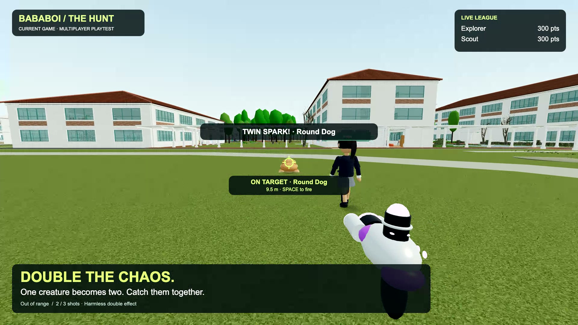 Two players working together to catch creatures on the campus grounds