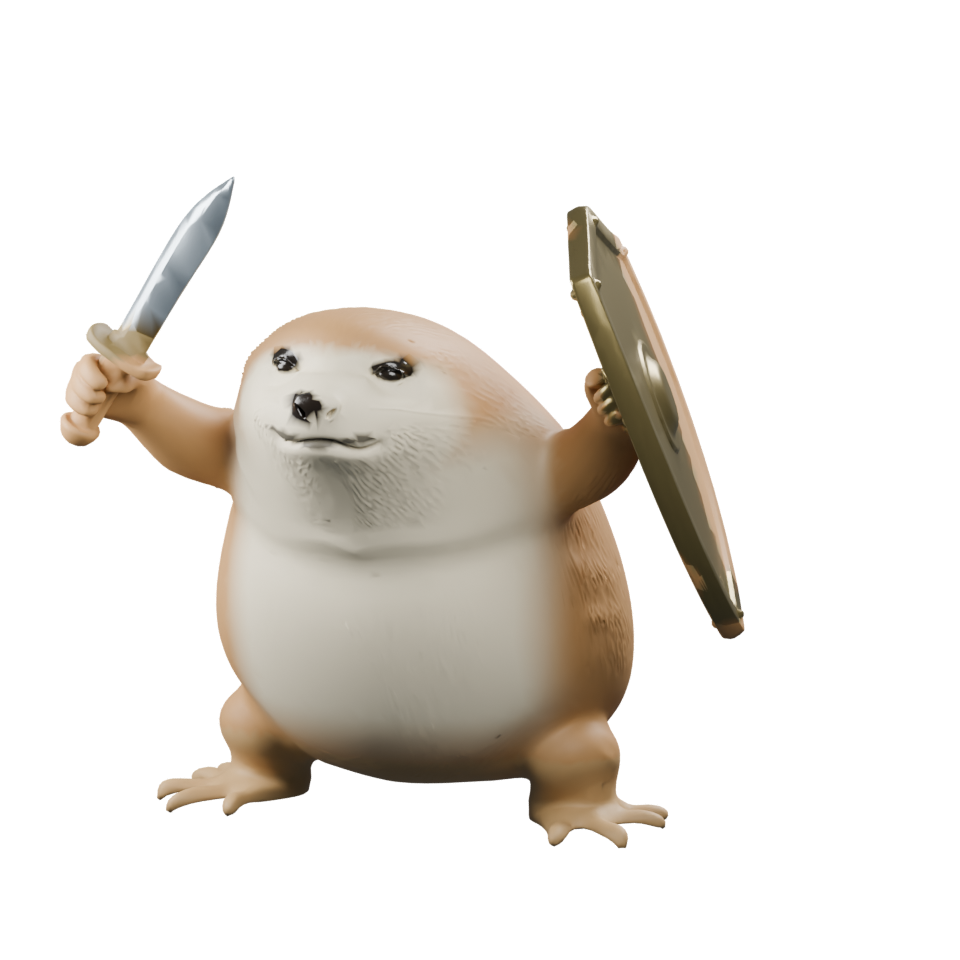 Golden dog holding a silver sword and bronze shield